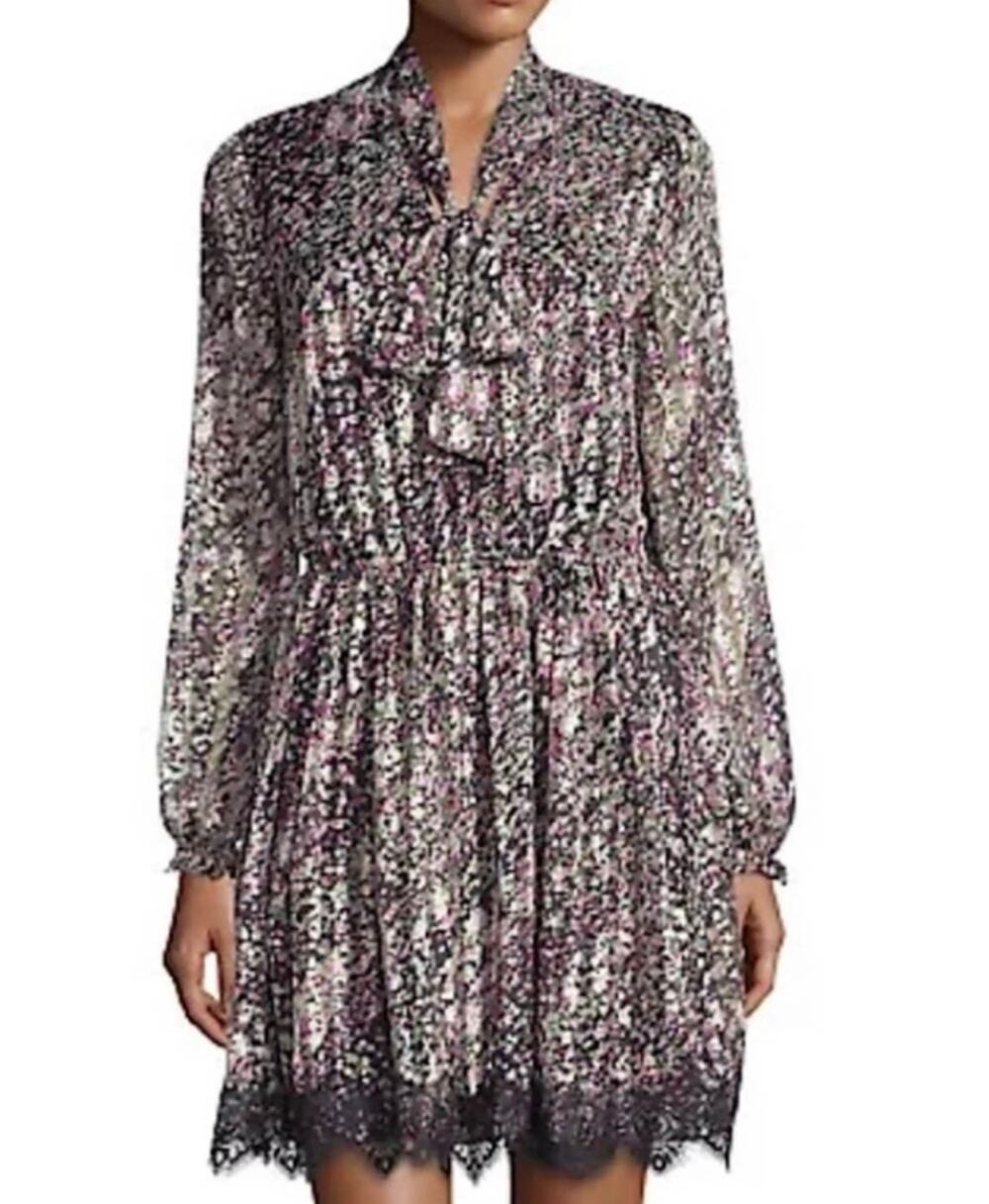Alexia Admor Floral Lace Trim Mini Dress floral elastic waste M Long Sleeve Mesh